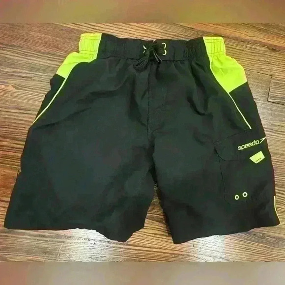 Mens Speedo Size Small Swim Trunks Black And Neon Yellow W/ Drawstring &pocket - Picture 1 of 7